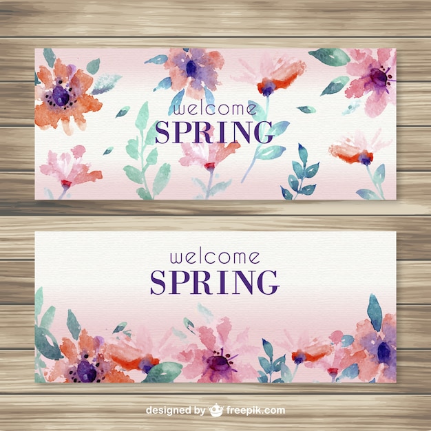 Free vector welcome spring banners in watercolor style