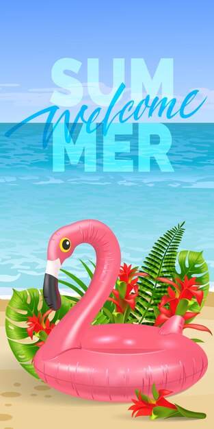 Welcome summer banner with tropical leaves, red flowers, pink toy flamingo, beach 