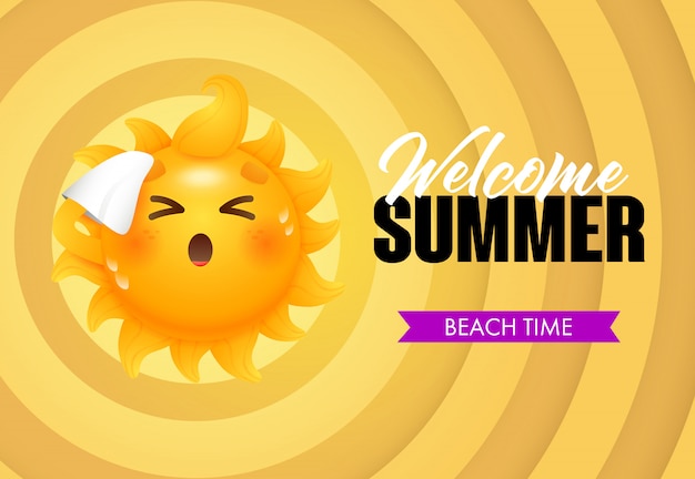 Free vector welcome summer, beach time lettering with sun cartoon character