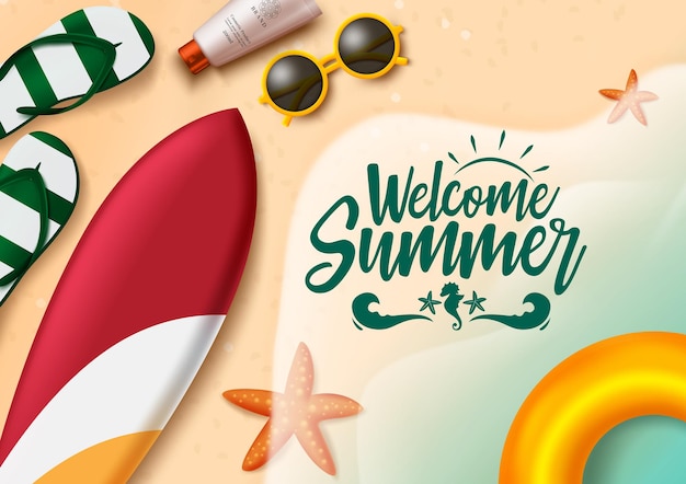 Welcome summer vector background design welcome summer text in seashore