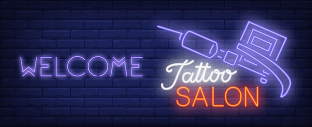 Welcome to tattoo salon neon sign. Professional tattoo machine and bright inscription