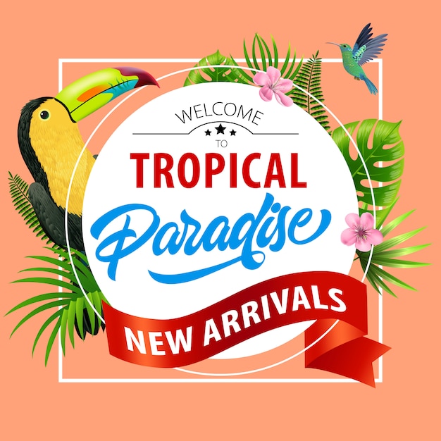 Welcome to tropical paradise, new arrivals flyer. Pink blossoms, red ribbon, leaves 