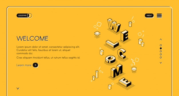 Welcome web main page illustration of word letters in isometric black thin line design