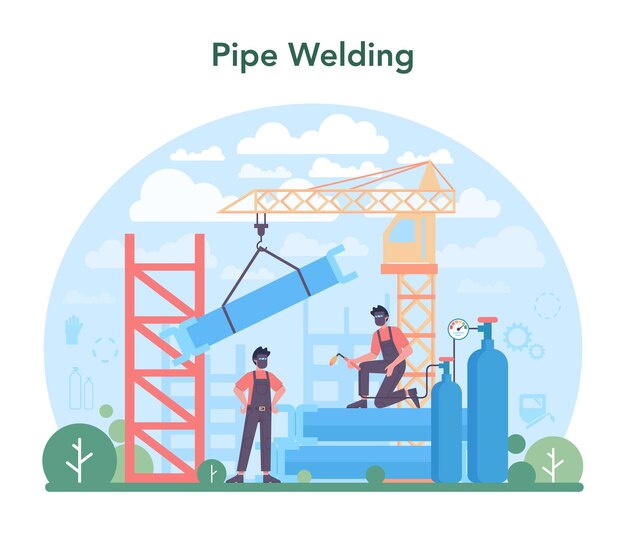 용접기 및 용접 서비스 개념 보호 마스크와 장갑을 낀 전문 용접공 균일한 용접 금속 파이프와 철강 산업 직업 벡터 일러스트 레이 션으로 만든 건설 남자