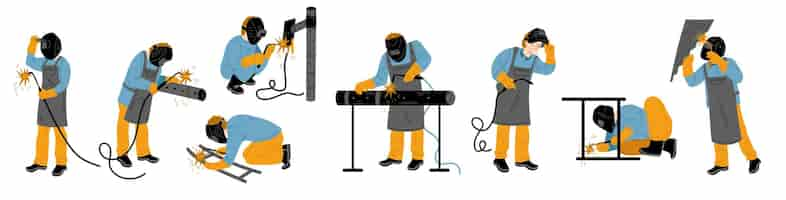 Free vector welder workers welding pipes and constructions set