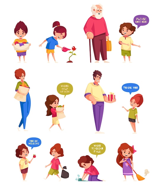 Набор иконок для детей с хорошим поведением, когда дети помогают взрослым изолированным векторным иллюстрациям