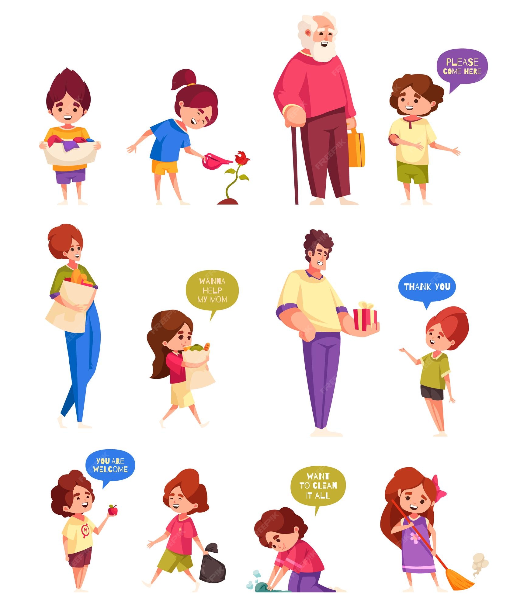 Free Vector | Well-behaved children icons set with kids helping adults isolated vector illustration Free Vector | Well-behaved children icons set with kids helping adults isolated vector illustration