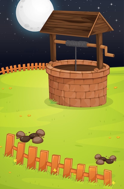 Free vector well in the meadow scene at night time