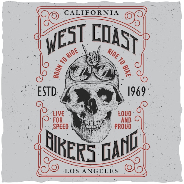 Плакат банды байкеров западного побережья с дизайном футболки и черепом в мотоциклетном шлеме