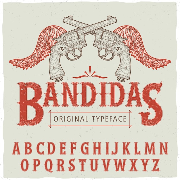 Western bandidas typeface poster with hand drawn two revolvers and wings vector illustration