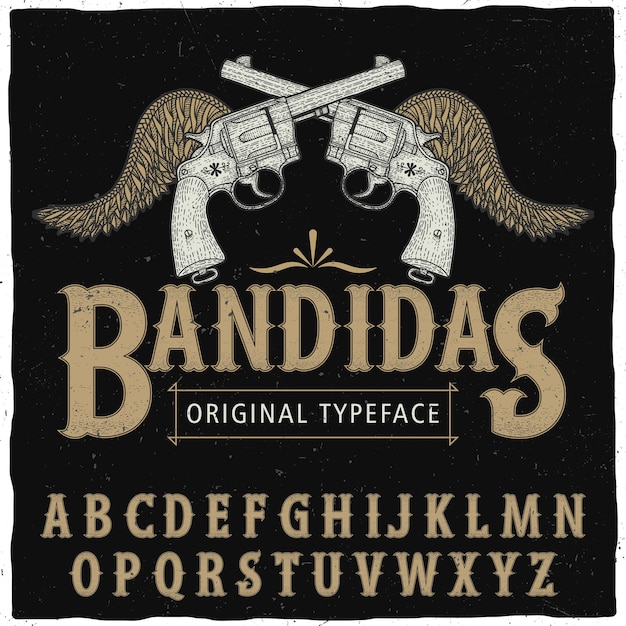 Free vector western bandidas typeface poster with two revolvers and wings vector illustration