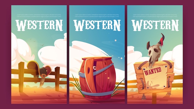 Free vector western posters with wooden wanted sign bull skull horse saddle on fence and barrel vector banners of wild west with cartoon illustration of desert landscape with cowboy saddle and wood signboard