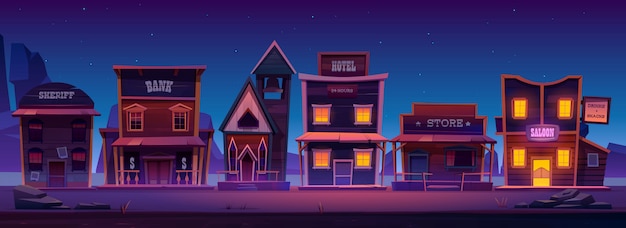 Western town with old buildings at night Free Vector