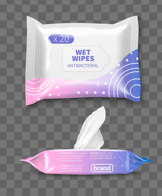 Wet wipe tissues realistic packaging mockup set with branding template on transparent background isolated vector illustration