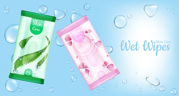 スキンケアパッケージ、水で湿らせた化粧品ナプキン製品を水滴で湿らせる。