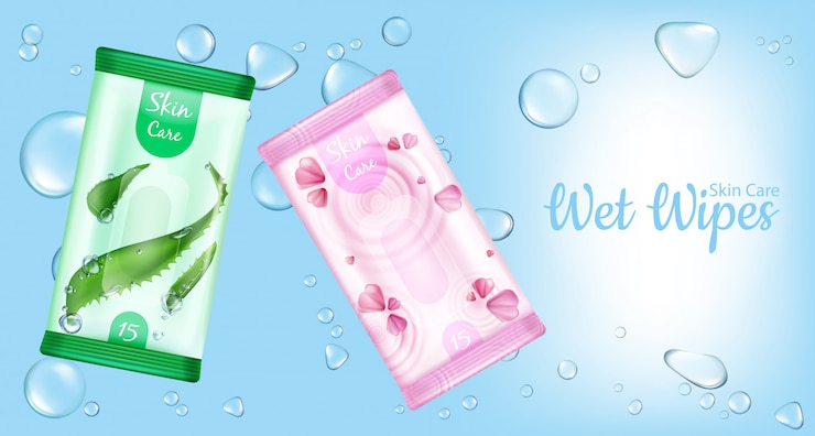 Free Vector wet wipes for skin care packages, moistened cosmetic napkins product on blue with water drops. 