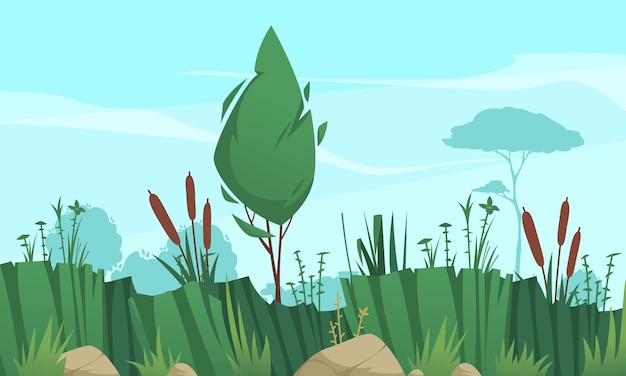 Бесплатное векторное изображение Карикатурный плакат об экосистеме водно-болотных угодий с векторной иллюстрацией разнообразия болотной флоры