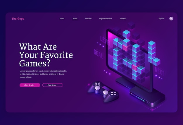 Free vector what you favorite games banner. video and online games development, digital gadgets for players. landing page with isometric computer monitor, console and joystick