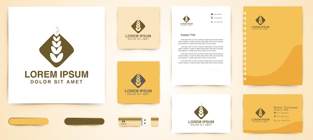 Логотип сельского хозяйства пшеницы и шаблон брендинга визитных карточек дизайны вдохновение, векторная иллюстрация