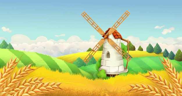Wheat field. windmill landscape. horizontal illustration, vector
