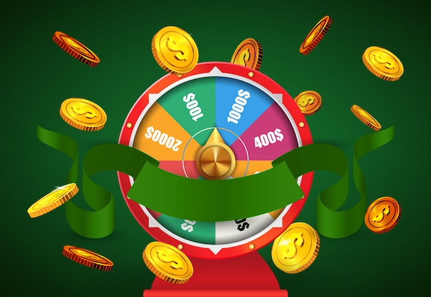 Free vector wheel of fortune, flying golden coins and green ribbon. casino business advertising