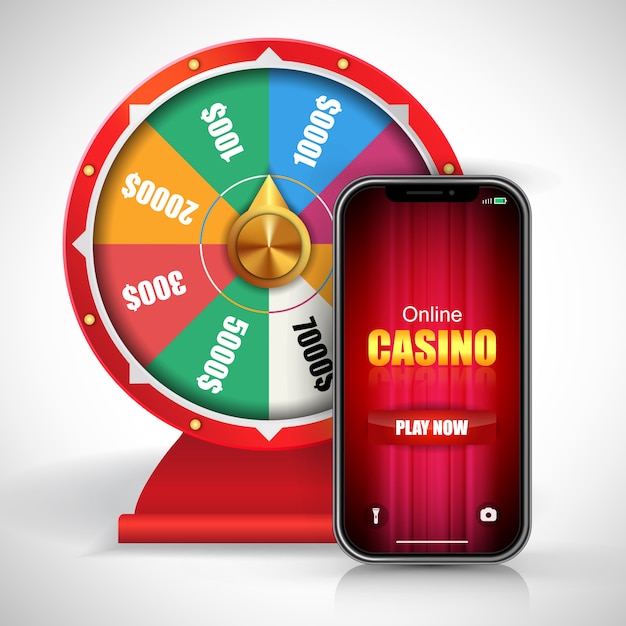 Wheel of fortune and online casino play now lettering on smartphone screen.