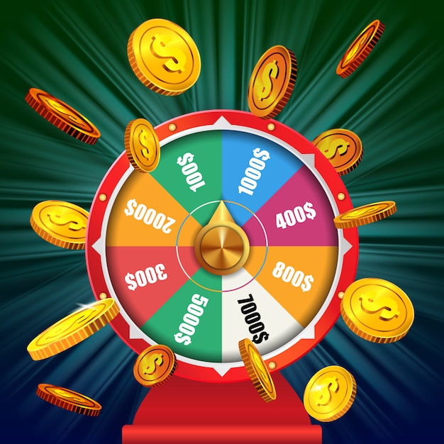 Wheel of fortune with flying golden coins. casino business advertising