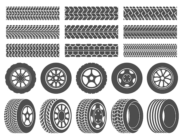 Wheel tires. car tire tread tracks, motorcycle racing wheels icons and dirty tires track   illustration set