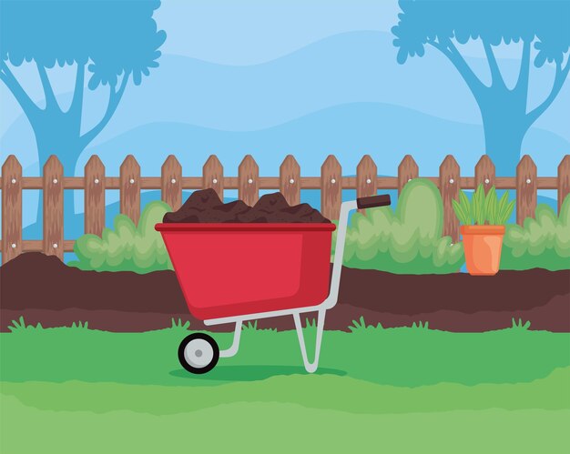 Free vector wheelbarrow in garden gardening scene