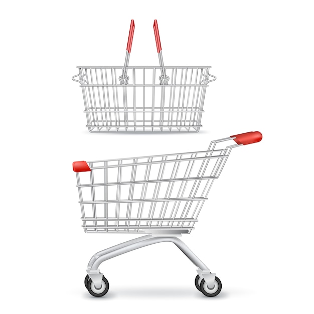 Wheeled Shopping Trolley And Basket Isolated