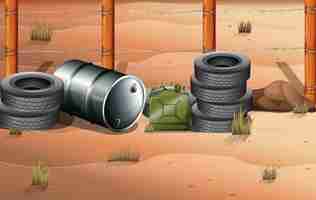 Free vector wheels and fuel containers near the barbwire fence