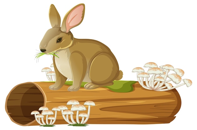 Free vector whimsical wild rabbit standing on tree log with mushroom