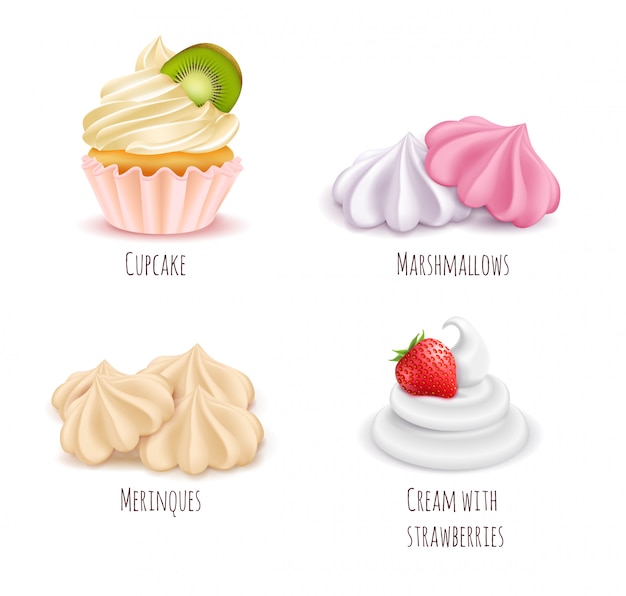 Whipped cream desserts realistic icon set