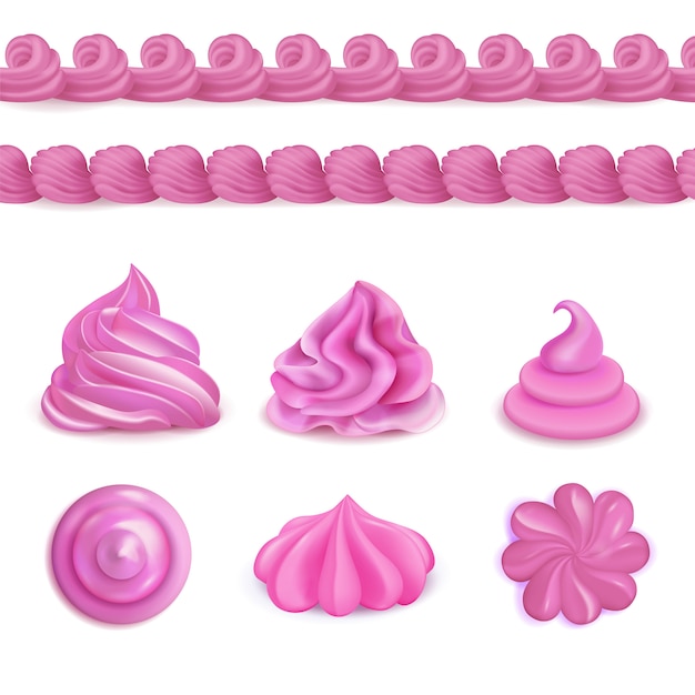 Free vector whipped pink cream dessert decorations top side views realistic set with seamless border and swirls