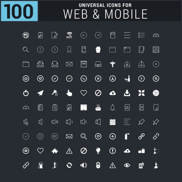 White 100 universal web icons collection