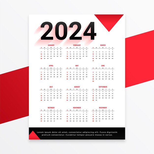 無料ベクター 赤と白の2024年新年カレンダーのレイアウト 予定 ビジネスタスク