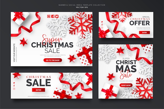 白と赤のクリスマスセールバナーテンプレートコレクション
