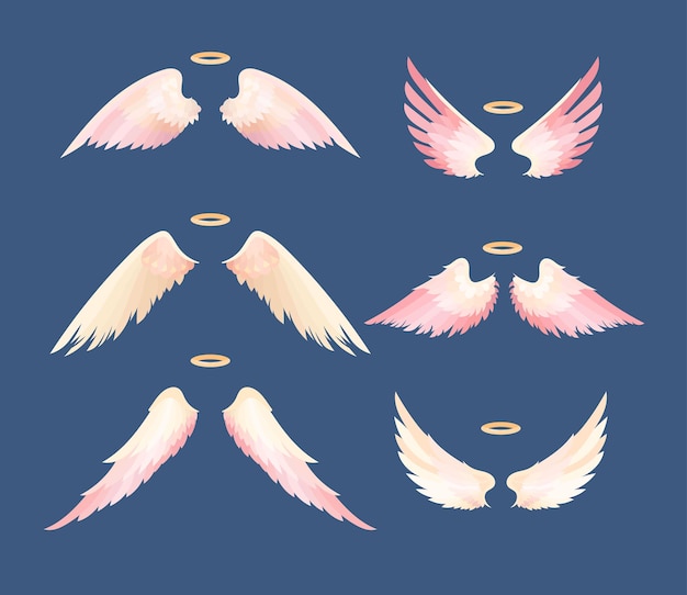 Free vector white angel wings and halo flat vector illustrations set. collection of cartoon drawings with cute wings and gold nimbus isolated on blue background. love, heaven, religion, freedom concept