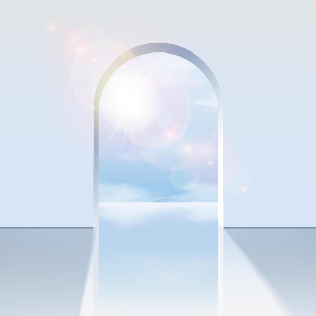 белая арка с видом на голубое небо с отражением солнечного света.