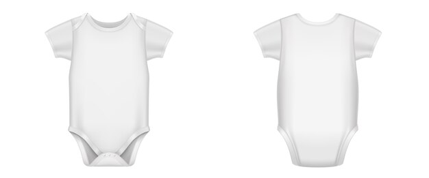 正面図と背面図の半袖の白い赤ちゃんのボディスーツ