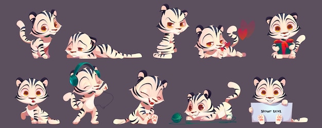 Free vector white baby tiger cartoon cute albino animal cub