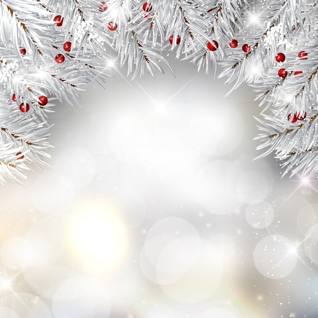 Бесплатное векторное изображение Серебро рождественские ветви деревьев и ягоды на фоне боке огни
