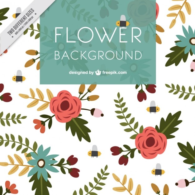 Free vector white background with flowers and bee