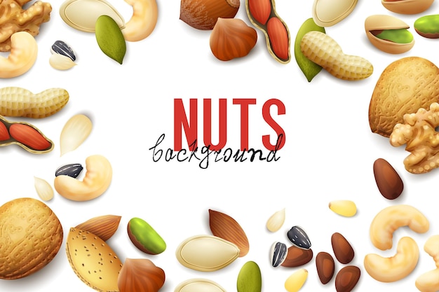 White background with frame of various realistic nuts and seeds illustration