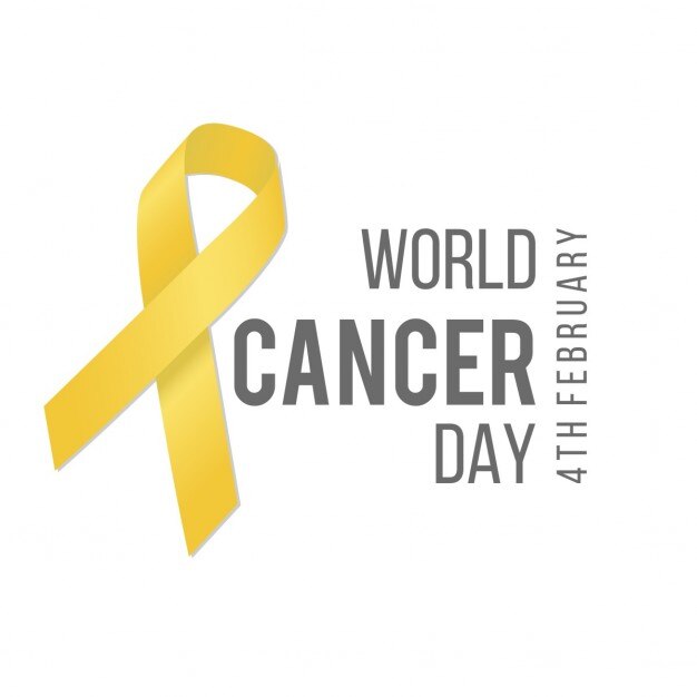 White background with a yellow ribbon, world cancer day