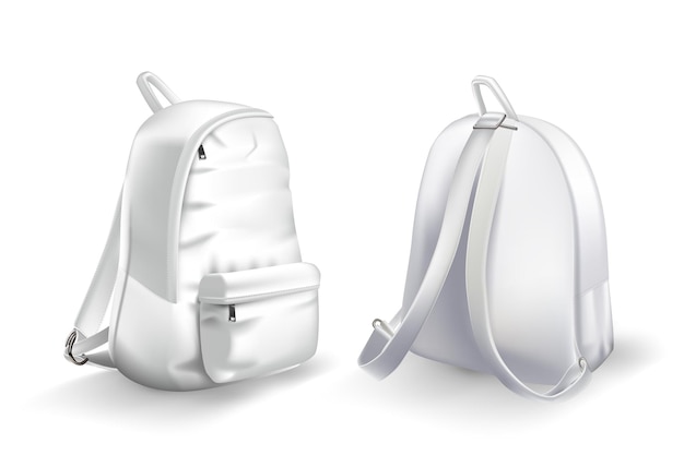 White backpack design front and back view set college or school rucksack mockup realistic youth pack of fabric for study or sport with shadows