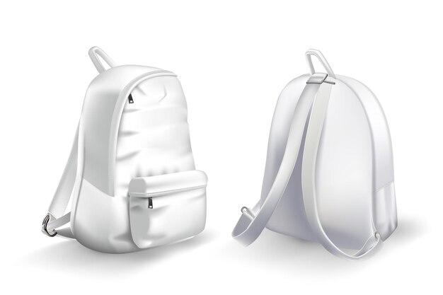 White backpack design front and back view set College or school rucksack mockup realistic youth pack of fabric for study or sport with shadows