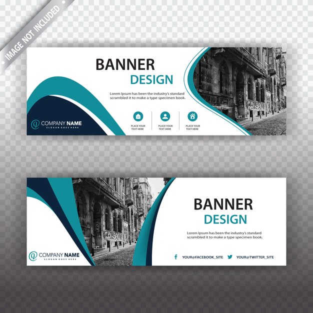 White banner with blue details