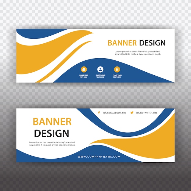 White banner with blue and orange details