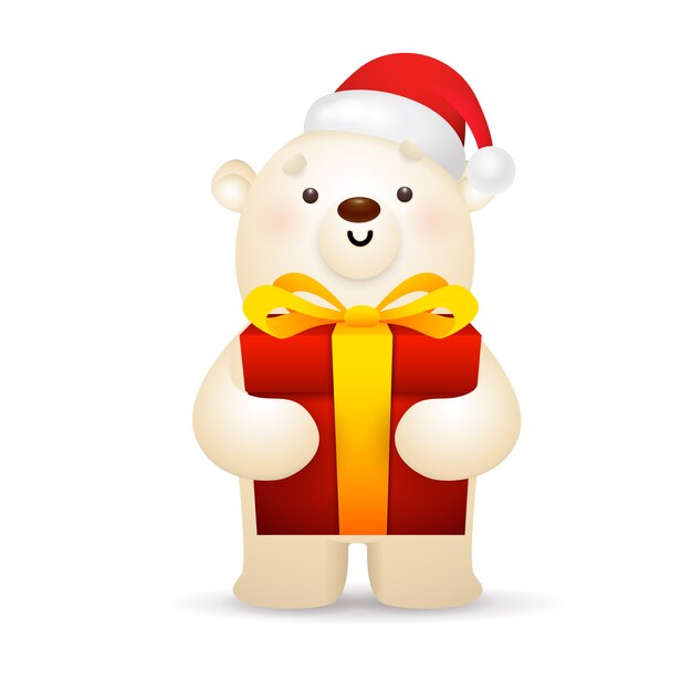 White bear in Santa hat holding Christmas present